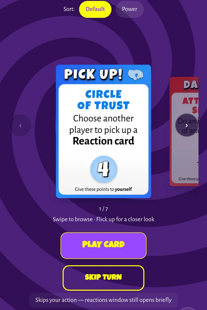 A player's phone showing their hand, with Play card and Skip turn buttons