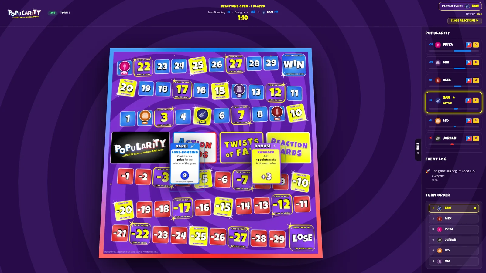 The Popularity TV screen mid-turn: Love-Bombing and a Swagger reaction in play on the board, with the scoreboard alongside